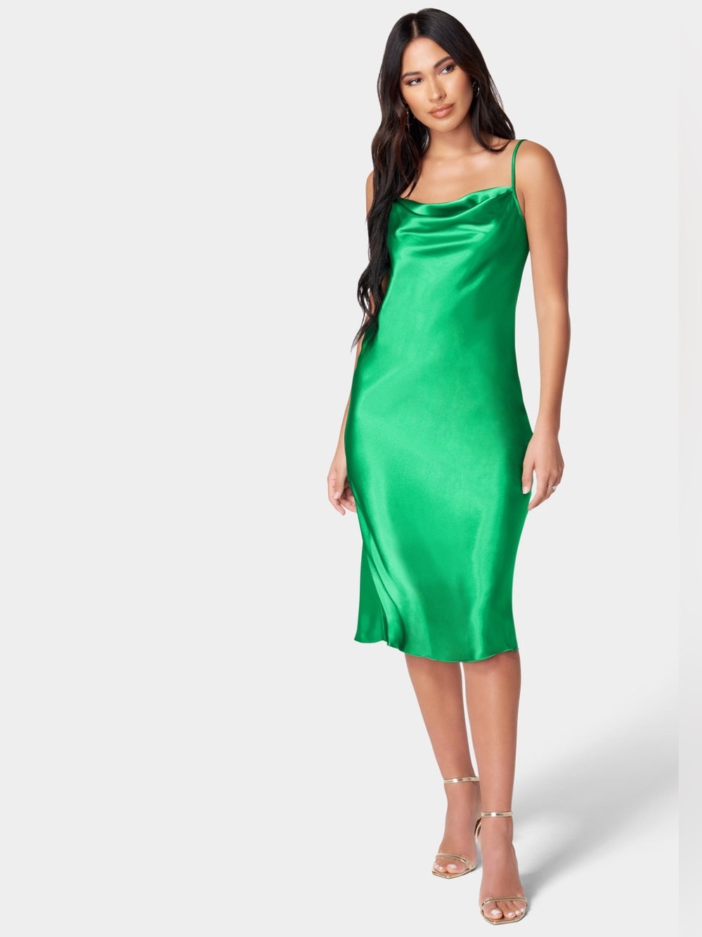 Bebe Satin Cowl‑Neck Slip Midi Dress – Emerald Green, Size Small ($110 Retail)